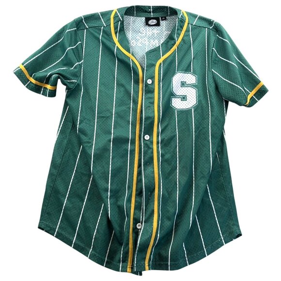 The Simpsons Mens Baseball Jersey Shirt Large Short Sleeve Green Striped Graphic - Picture 1 of 6